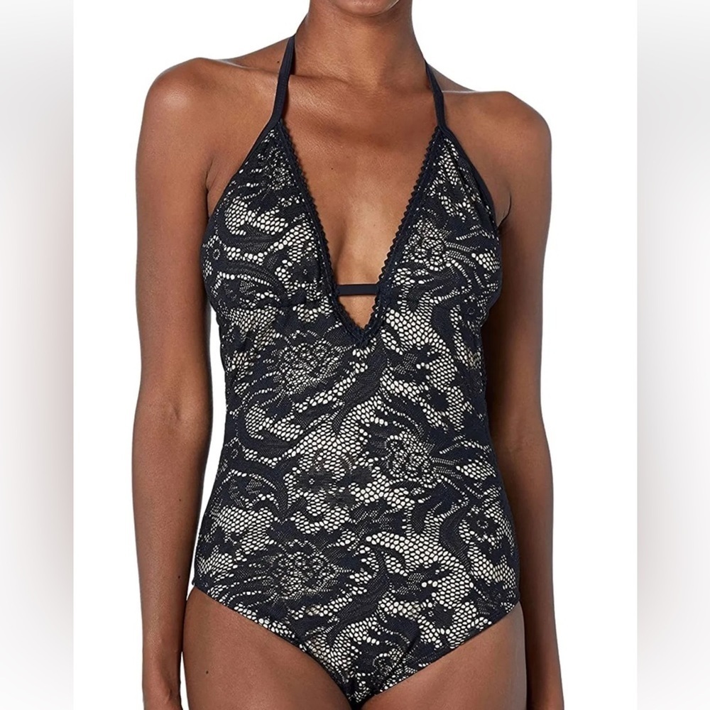 Black Lace Over Nude 1 Piece Halter Style Swimsuit with Neck Tie Back Medium